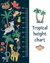 Vector cute height chart with exotic animals, birds, palm trees, leaves, flowers, fruits. Funny wall decoration with tropical