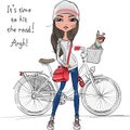 Vector cute hipster girl with bike and dog