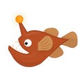 Vector cute illustration of angry fish with lantern for kids. angler fish cartoon. Deep sea creature Royalty Free Stock Photo