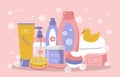 Vector cute illustration - bath accessories. towels, bubble bath, gels, creams, duck, soap, washcloth Royalty Free Stock Photo