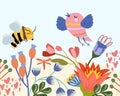 Vector cute illustration with wildflowers flowering meadow and honey bees and happy bird. Composition for your brand Royalty Free Stock Photo