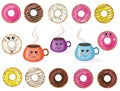 Vector cute kawaii donuts and cups collection,set.