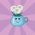 Vector cute kawaii illustration with blue cup, vase of flowers, daisies on the violet background.