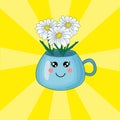 Vector cute kawaii illustration with blue cup, vase fo flowers on the yellow background.