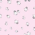 Vector cute Kawaii penguin baby seamless pattern background. Scattered adorable cartoon emperor chicks on pink gingham