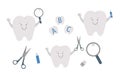 Vector cute kawaii teeth with magnifying glass, scissors, glue, pencil. Funny dental care illustration. School educational