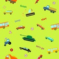 Vector cute kids auto car colorful cartoon seamless pattern on green background Royalty Free Stock Photo