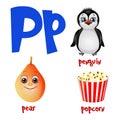 Vector cute kids cartoon alphabet. Letter P with penguin, pear and popcorn.