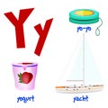 Vector cute kids cartoon alphabet. Letter Y with Yo-Yo,Yogurt and Yacht. Flat style. Royalty Free Stock Photo