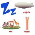 Vector cute kids cartoon alphabet. Letter Z with Zeppelin, Zoo and Zipper.