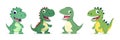 Vector Cute Kind Baby Kid Smiling Dinosaur Set. Happy Cartoon Green Dinosaur Tyrannosaurus Rex, Tyrex Collection in Flat Royalty Free Stock Photo