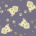 Vector Cute Lion Cub with Lion Paw Prints on Lavender Purple seamless pattern background. Perfect for fabric