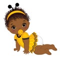 Cute Little African American Baby Girl Wearing Bee Antenna Headband Crawling. Vector Black Baby Girl