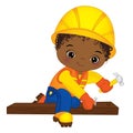 Vector Cute Little African American Boy Hammering Nails