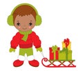 Vector Cute Little African American Boy with Sledge and Christmas Gift Boxes Royalty Free Stock Photo