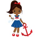 Vector Cute Little African American Girl with Anchor. Nautical Girl Vector Illustration