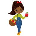 Vector Cute Little African American Girl with Basket of Apples Royalty Free Stock Photo