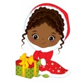Vector Cute Little African American Girl with Christmas Gift Box Royalty Free Stock Photo