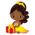 Vector Cute Little African American Girl with Gift Box Royalty Free Stock Photo