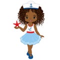 Cute Beautiful African American Girl Wearing Nautical Dress Holding Starfish. Vector Nautical Girl 