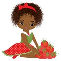 Vector Cute Little African American Girl with Strawberries