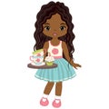 Vector Cute Little African American Girl with Tray, Tea Cups and Cupcake. Vector Tea Party. 