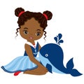 Cute Beautiful African American Girl Wearing Nautical Dress Holding Baby Whale. Vector Nautical Girl 