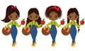 Vector Cute Little African American Girls with Baskets of Apples