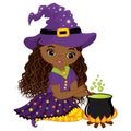 Vector Cute Little African American Witch Cooking Magic Potion in Cauldron Royalty Free Stock Photo