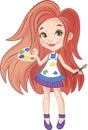 Vector cute little artist girl painting holding palette and paint brush.