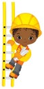 Vector Cute Little Black Boy Climbing up the Ladder. Vector Little Builder. Vector Construction Royalty Free Stock Photo