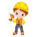 Vector Cute Little Boy Drilling. Vector Little Builder. Vector Construction Royalty Free Stock Photo