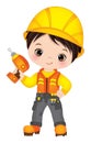 Cute Little Boy Drilling. Vector Little Builder. Vector Construction