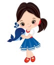 Vector Cute Little Girl Dressed in Nautical Style with Baby Whale Royalty Free Stock Photo