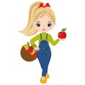 Vector Cute Little Girl with Basket of Apples Royalty Free Stock Photo