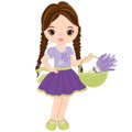 VBeautiful Cute Girl Holding Basket of Lavender. Vector Brunette Girl with Lavender