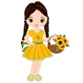 Vector Cute Little Girl with Basket of Sunflowers Royalty Free Stock Photo