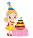 Vector Cute Little Girl Blowing out Candles on Birthday Cake Royalty Free Stock Photo