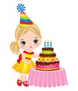 Vector Cute Little Girl Blowing out Candles on Birthday Cake