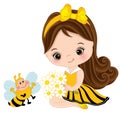 Vector Cute Little Girl with Bee and Flowers