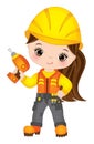 Vector Cute Little Girl Drilling. Vector Little Builder. Vector Construction Royalty Free Stock Photo
