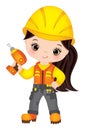 Vector Construction Girl. Vector Cute Little Girl Drilling. Vector Little Builder. 