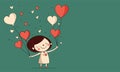 Vector Of Cute Little Girl Holding Heart Shape Balloons On Green Background And Copy Space. Love Or Valentine`s Day Royalty Free Stock Photo