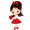 Vector Cute Little Dark-Haired Girl Holding Ladybug Royalty Free Stock Photo