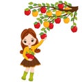 Vector Cute Little Girl Picking Apples from the Tree