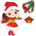 Vector Cute Little Girl with Red Berries, Cardinal and Birdhouse