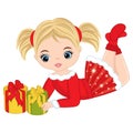 Vector Cute Little Girl with Christmas Gifts