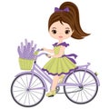 Vector Cute Little Girl Riding Bicycle. Vector Girl with Lavender Royalty Free Stock Photo