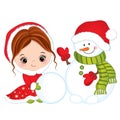 Vector Cute Little Girl with Snowman Royalty Free Stock Photo