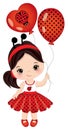 Cute Little Girl Wearing Ladybug Antenna Headband. Vector Ladybug Girl